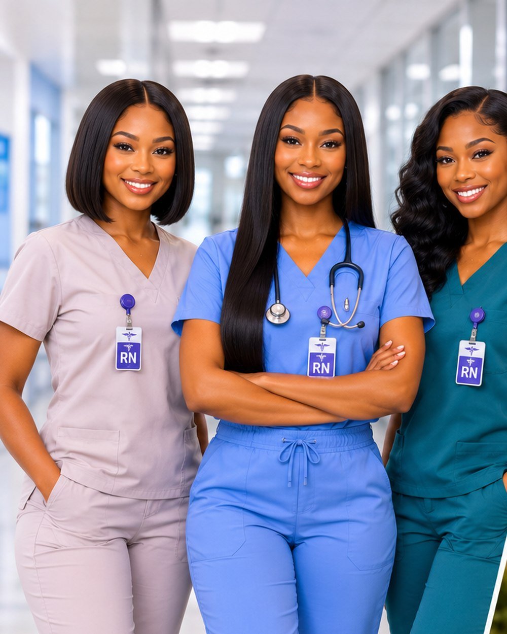 Three nurses in scrubs wearing premium human hair wigs in a hospital corridor.